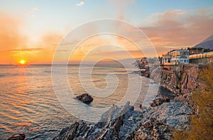 View of Genoa Nervi, Italy, cliffs and walk at sunset