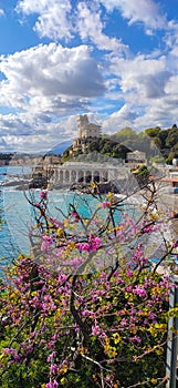 View of Genoa `Quarto dei Mille` in spring time, in a sunny day and sky with clouds, Italy