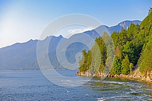 View of the Georgia Strait at Vancouver Horseshoe bay at sunset