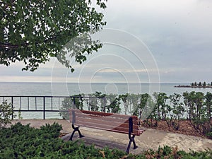 View on Georgian Bay from wooden bench under birch tree at Sunset Point Park in Collingwood