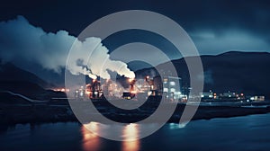 View of a geothermal energy production plant or a green power generation factory generating water vapor at night