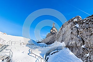 View of the German and Austrian Alps from the 1838 meter high Wendelstein mountain in Germany