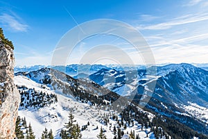 View of the German and Austrian Alps from the 1838 meter high Wendelstein mountain in Germany