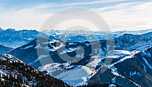 View of the German and Austrian Alps from the 1838 meter high Wendelstein mountain in Germany