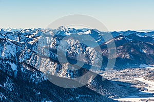 View of the German and Austrian Alps from the 1838 meter high Wendelstein mountain in Germany