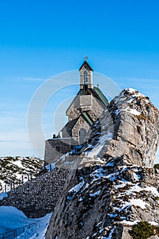 View of the German and Austrian Alps from the 1838 meter high Wendelstein mountain in Germany