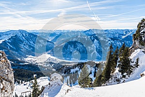 View of the German and Austrian Alps from the 1838 meter high Wendelstein mountain in Germany, copy space