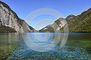 View from the German peninsula Hirschau on the KÃÂ¶nigsee photo