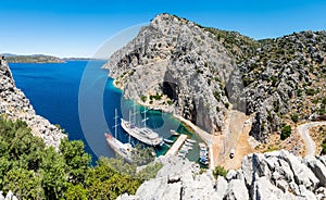 View of Germe Limani harbour of Bozburun village near Marmaris resort town in Mugla, Turkey