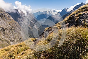 View from Gertrude Saddle towards Milford Sound in Fiordland National Park, New Zealand