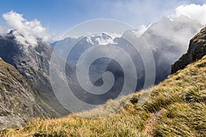 View from Gertrude Saddle Track towards Milford Sound in Fiordland National Park, New Zealand