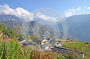 View at Ghandruk village, its buildings and grey roofs with Annapurna massif at the background with Fishtail mountain.