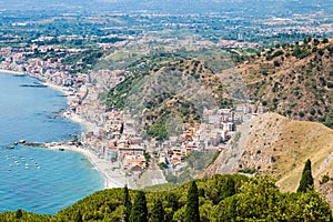 View of Giardini Naxos town on Ionian Sea coast