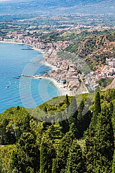 View of Giardini Naxos town on Ionian Sea shore