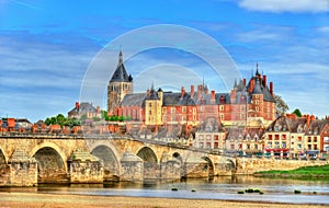 View of Gien with the castle and the bridge across the Loire - France