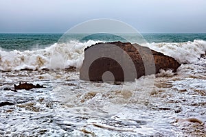 View of the gigantic rocky stone in the Atlantic Ocean in the area of Essaouira in Morocco