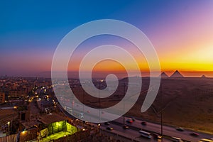 View of Giza from above at sunrise