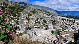 View of Gjirocaster old historical city center set in mountain slope from Gjirocaster castle, Gjirocaster, Albania