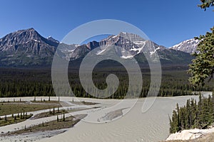 View of the glacial Athabasca River in the Rocky Mountains, Alberta, Canada