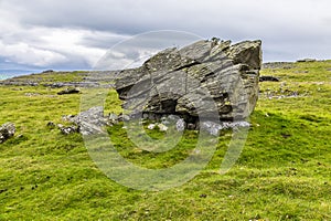 A view of a glacial erratics deposited on limestone bases on the southern slopes of Ingleborough, Yorkshire, UK