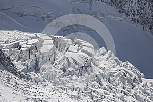 View on the Glacier de Bionnassay with huge crevasses. French Alps, Mont Blanc massif, Chamonix Mont-Blanc, France. Scenic image