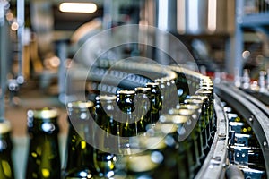 View of glass bottles on the conveyor belt, bottle necks on the production line, brewery equipment, inside wine factory