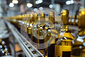 View of glass bottles on the conveyor belt, bottle necks on the production line, brewery equipment, inside wine factory