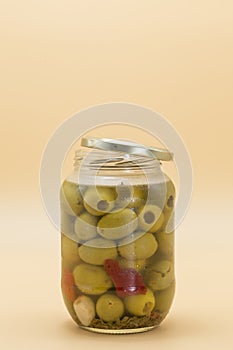 View of a glass jar with gordal type olives