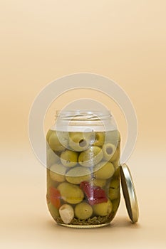View of a glass jar with gordal type olives