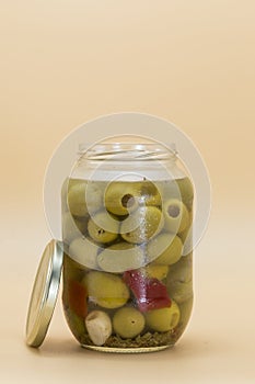 View of a glass jar with gordal type olives