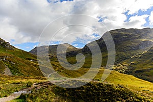 The view of Glencoe from road A82 in Highlands, Scotland in Autumn season