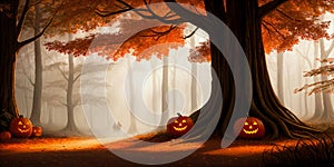View of Glowing Jack-o-Lanterns in a dark forest for Halloween