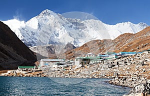 View of Gokyo lake and village with mount Cho Oyu photo