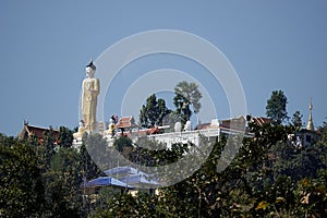 View of Golden Buddha statue surrounded by trees at Wat Traimit Bangkok, Thailand