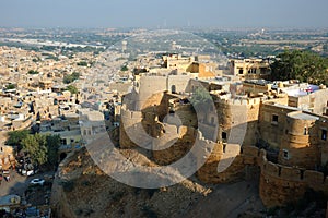 View of golden city Jaisalmer surrounded by Thar desert