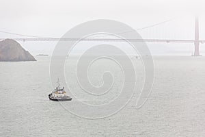 View of Golden Gate bridge and boat in the bay