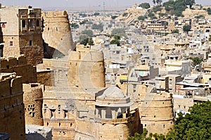 View of golden Jaisalmer from city fort in Rajasthan,India,Asia