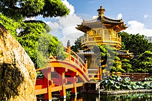 View The Golden Pavilion Temple in Nan Lian Garden, Hong Kong.