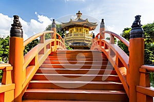 View The Golden Pavilion Temple in Nan Lian Garden, Hong Kong.