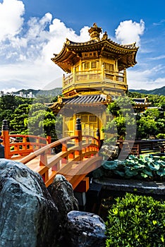 View The Golden Pavilion Temple in Nan Lian Garden, Hong Kong.