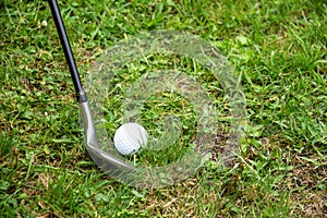 View of golf club and cue ball to be thrown on green grass, horizontally,