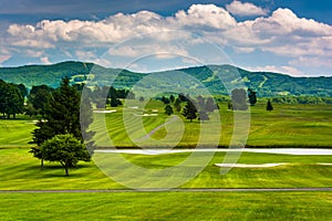 View of a golf course and distant mountains at Canaan Valley Sta photo