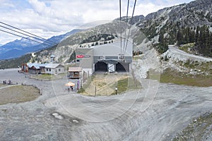 The view from a gondola approaching the top of Whistler coming from Blackcomb mountain