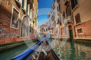 View from gondola during the ride through the canals of Venice