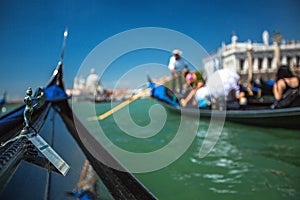 View from gondola during the ride through the canals of Venice i