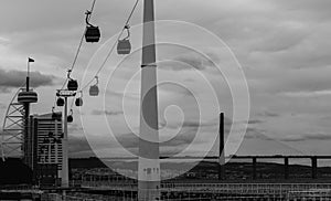 View of Gondola ride at Park of The Nations in Lisbon, Portugal with Vasco da Gama bridge in the background