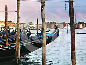 View of gondolas during sunset in Venice, Italy