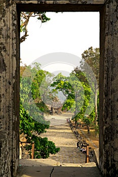 View of Gopura 5 and 1st pillarded causeway from Gopura 4 of Preah Vihear, Cambodia