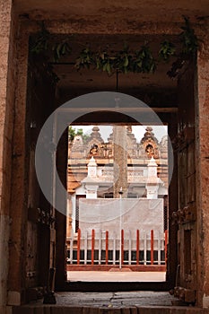 View through the gopuram of Kumaraswami Temple on top of the Krauncha Giri or hill at sandur