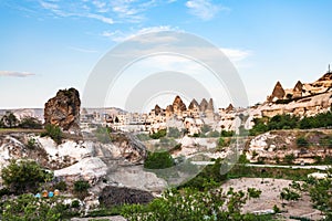 view of Goreme town from mountain valley